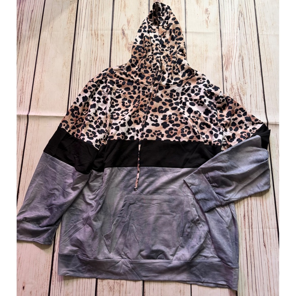 Womens Leopard Print Colorblock Hoodie Pullover Kangaroo Pocket 4X